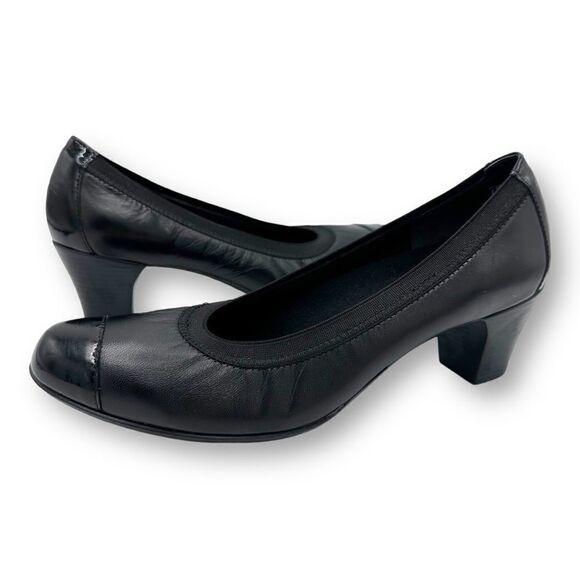Munro Black Leather and Patent "Odette" Cap Toe Pumps Heels Sz Comfort 7.5M - Picture 3 of 16